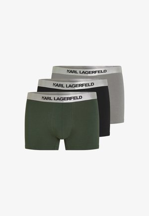 Három pár férfi boxeralsó zöld, fekete és szürke színekben, ezüst derékpánttal, melyeken fekete "KARL LAGERFELD" logó található.