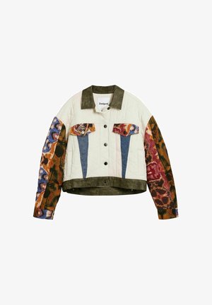 Quilted jacket with olive collar and hem, colorful animal print sleeves, blue and animal print pocket flaps, front button closure.