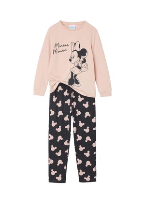 Light pink long-sleeve top with black Minnie Mouse graphic; black pants featuring repeated light pink Mickey Mouse silhouettes.