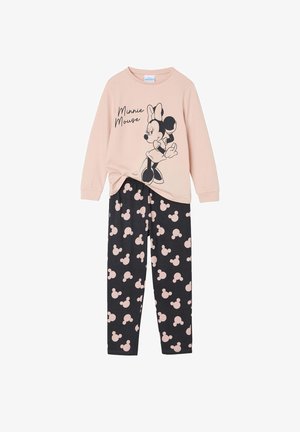 Helles rosa Langarmoberteil mit schwarzem Minnie-Maus-Graphic; schwarze Hose mit wiederholten hellrosa Mickey-Maus-Silhouetten.