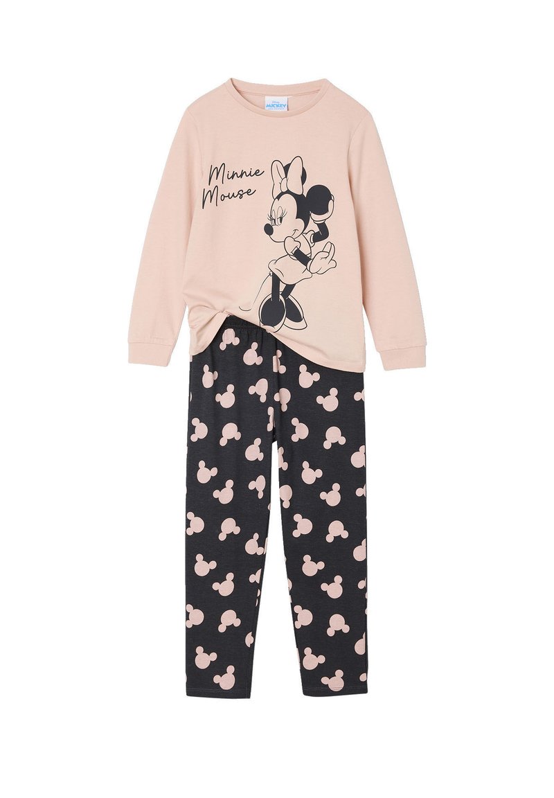 Light pink long-sleeve top with black Minnie Mouse graphic; black pants featuring repeated light pink Mickey Mouse silhouettes.