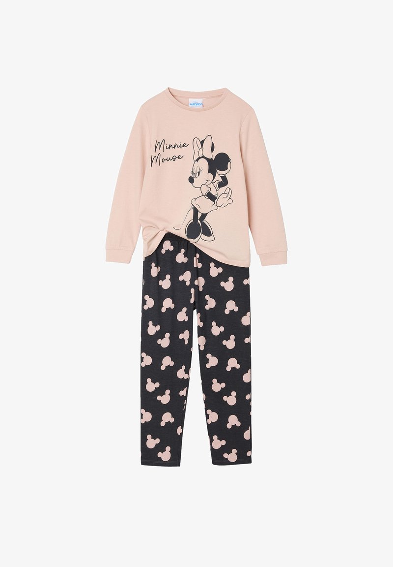 Light pink long-sleeve top with black Minnie Mouse graphic; black pants featuring repeated light pink Mickey Mouse silhouettes.