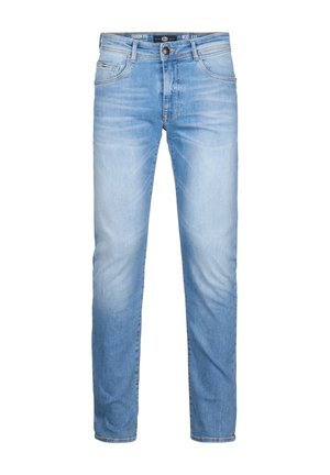 Lichtblauwe denim jeans met een recht model, vervaagde textuur, vijf zakken en een knoopsluiting bij de taille.