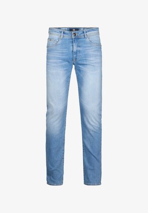 Světle modré džíny s rovnými nohavicemi, s vybledlým vzhledem, pěti kapsami a knoflíkovým zavíráním v pase.