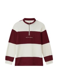Bordeaux- und cremestreifen Pullover mit hohem Kragen und halbem Reißverschluss. Verfügt über eine gerippte Textur und ein gesticktes Logo auf der Brust.