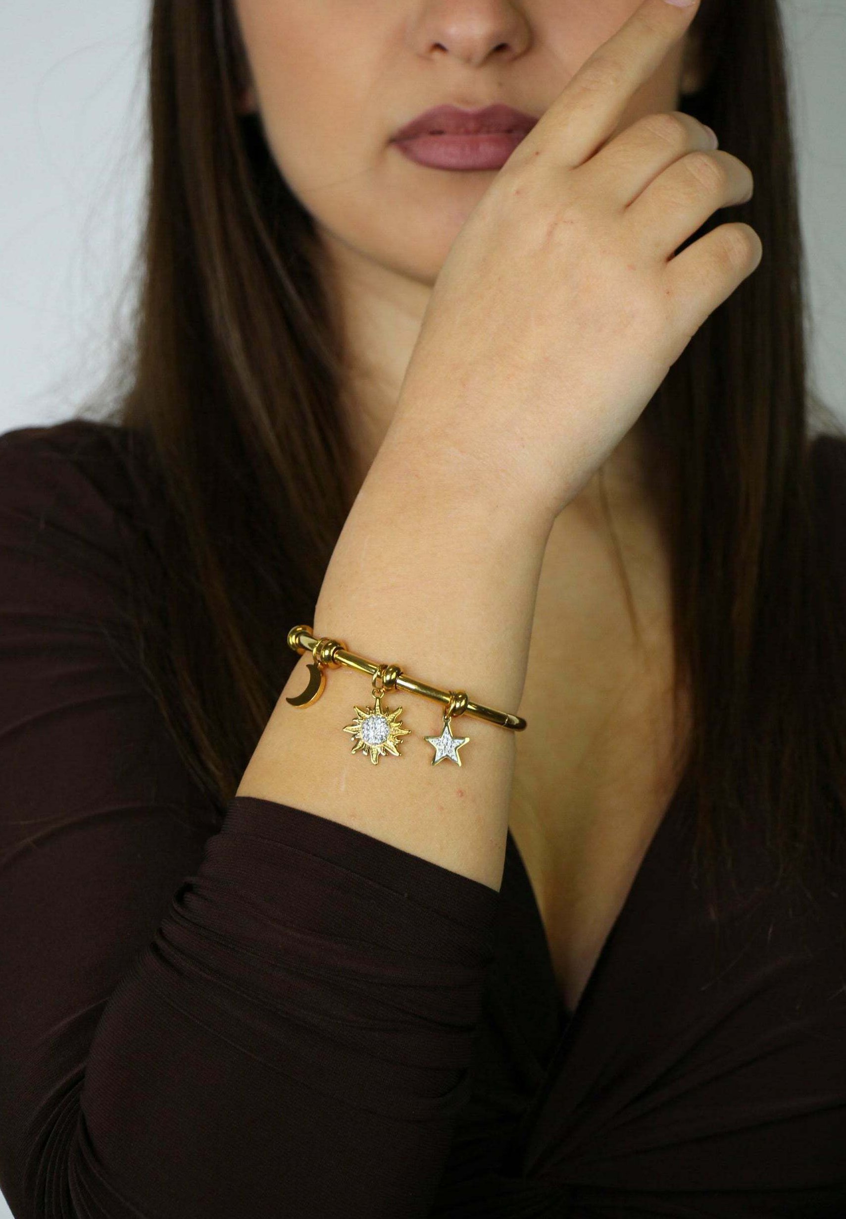 Bracciale in argento massiccio, placcato oro, catena a maglie, ciondoli