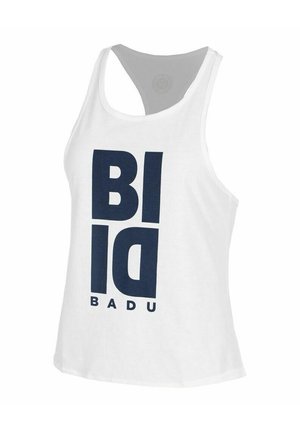 Débardeur blanc sans manches à dos nageur avec un grand texte noir "BID" et un texte plus petit "BADU" en dessous, sur le devant.