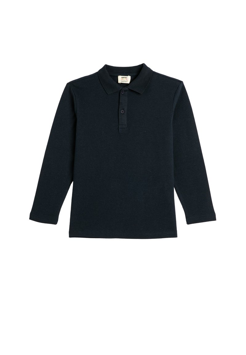 Langarmige marineblauwe polo-shirt van katoen, met een kraag, een twee-knopen sluiting en geribde manchetten met een soepele textuur.