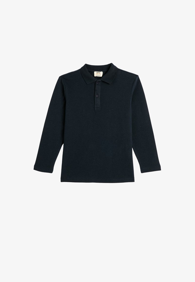 Polo à manches longues bleu marine en coton, doté d'un col, d'une patte de boutonnage à deux boutons et de poignets côtelés avec une texture lisse.