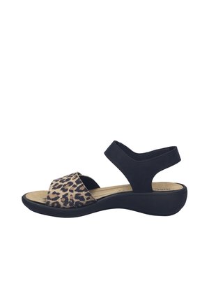 Sandale pour femme avec bride noire à la cheville et bride avant à imprimé léopard, dotée d'un petit talon compensé et d'une semelle intérieure beige rembourrée.