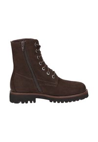Stivale alla caviglia in suede marrone con lacci e cerniera laterale, suola robusta, occhielli rinforzati e cuciture a contrasto lungo i bordi.