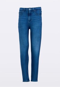 Jeans blu a vita alta in materiale denim, caratterizzati da una linea a gamba dritta, sfumature sottili, tasche frontali e chiusura con bottone in metallo.