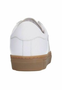 White sneaker with a smooth leather finish, rounded shape, tan rubber sole, and subtle stitching detail at the heel.