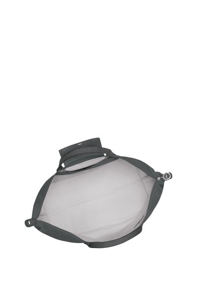 Gray fabric bag with a wide opening, smooth interior, adjustable straps, and a rounded base. Closure features a round metal hardware detail.