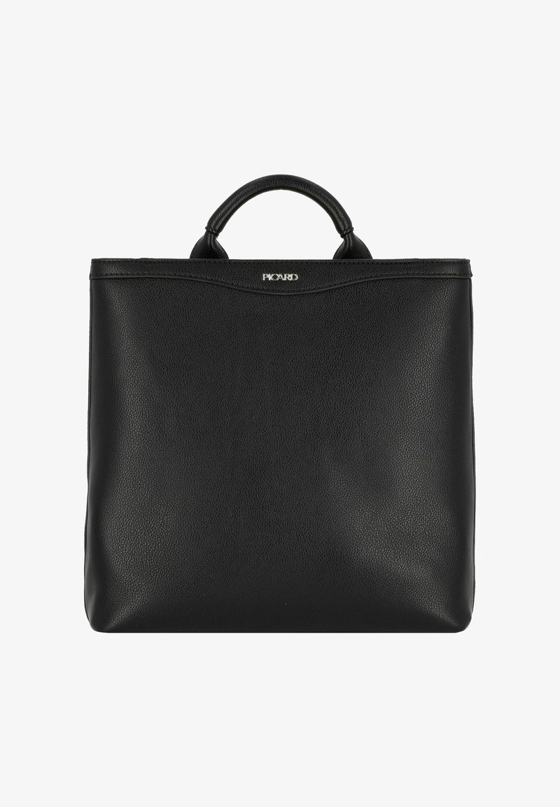 Borsa tote nera in pelle con una texture liscia, manico rotondo e un sottile logo in evidenza sul fronte. Forma rettangolare, design minimal.