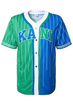 Rövid ujjú baseball póló, zöld és kék felekkel, fehér csíkozással, nagy "KANI" felirattal kék színben és fekete nyomógombokkal.