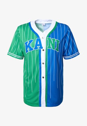 Koszulka baseballowa z krótkim rękawem, charakteryzująca się zielonymi i niebieskimi półtorami z białymi prążkami, dużymi literami "KANI" w kolorze niebieskim oraz czarnymi zatrzaskami.