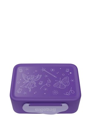 Purple lunch box with a smooth finish, decorated with white outlines of a fairy, butterfly, stars, and swirls. Features a light gray latch.