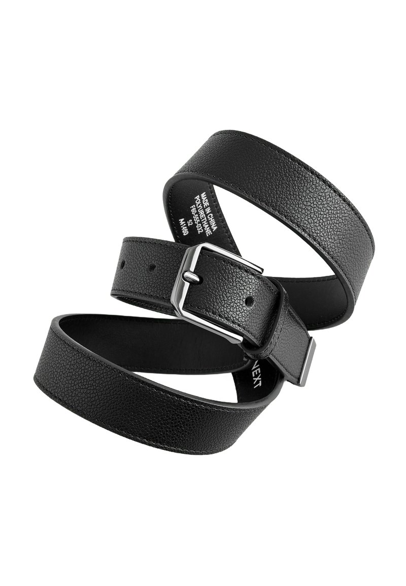 Black leather belt with a textured finish. Features a silver-tone metal buckle and multiple adjustment holes for size customization.