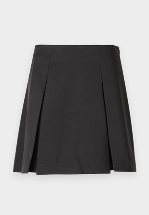 Black pleated skirt with a smooth texture, tailored shape, and a straight waistband. Designed without fasteners for a clean silhouette.