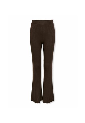 Pantalon en maille côtelée marron foncé, taille haute, jambes légèrement évasées, présenté sur fond blanc.