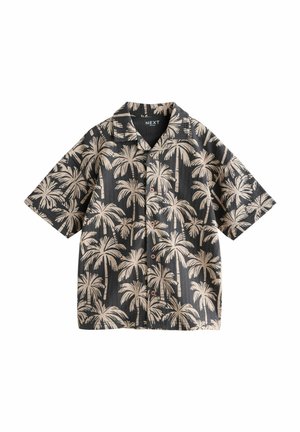 Schwarzes Hemd mit kurzen Ärmeln und Knöpfen, beige Palmenmuster und spitzem Kragen, flach auf weißem Hintergrund ausgelegt.