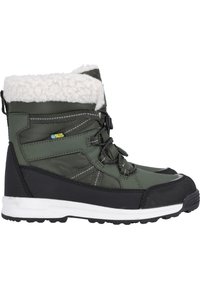 Grüne wasserdichte Winterstiefel mit einem weißen Kunstfellkragen, Textiloberteil, schwarzer Gummisohle und verstärkter Zehenkappe. Verstellbares Schnürsystem.