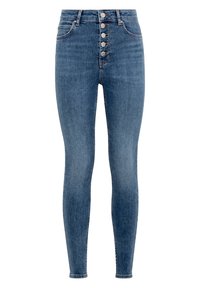 Jeans ajustados de tiro alto en azul con cinco botones plateados visibles y bolsillos delanteros sobre un fondo blanco.