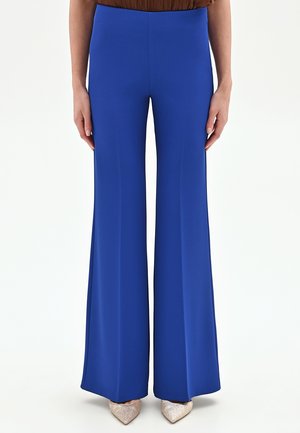 Donna con pantaloni blu reale a vita alta e gambe larghe abbinati a scarpe con tacco beige scintillanti e punta appuntita su sfondo bianco.