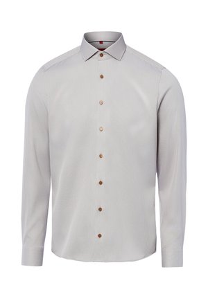 Hellgraues, langärmeliges Hemd mit strukturierter Oberfläche, braunen Knöpfen vorne und klassischem, spitz zulaufendem Kragen.