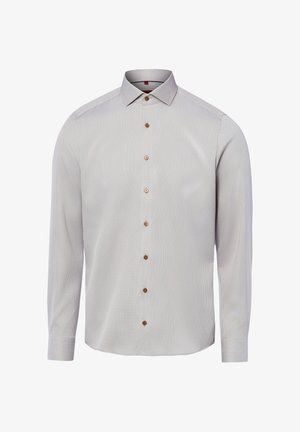 Chemise habillée gris clair à manches longues avec tissu texturé, boutons marron sur le devant, et col classique pointu.