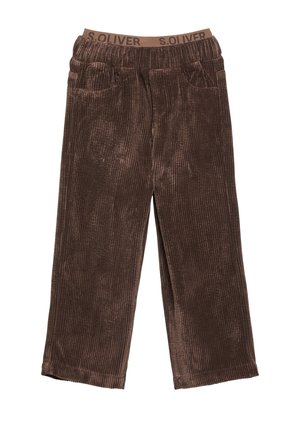 Bruine corduroy broek met elastische tailleband van het merk S.Oliver, met voorzakken en rechte pijpen.