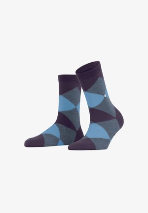 Chaussettes en coton présentant un motif géométrique en turquoise et bleu foncé avec un bout solide de couleur foncée et un poignet côtelé.