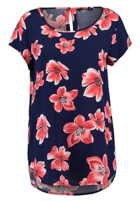 Námořnická blůza s krátkými rukávy, zdobená velkými růžovými květinovými vzory a kulatým výstřihem s kličkou na zadní straně. Hladká textura.