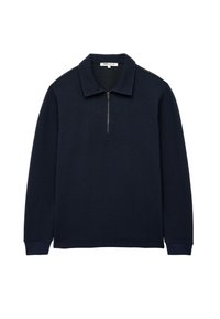 Marineblauwe pullover van een gestructureerde ribstof, met een ritssluiting op de kraag en lange mouwen. Eenvoudig, strak ontwerp zonder patronen.
