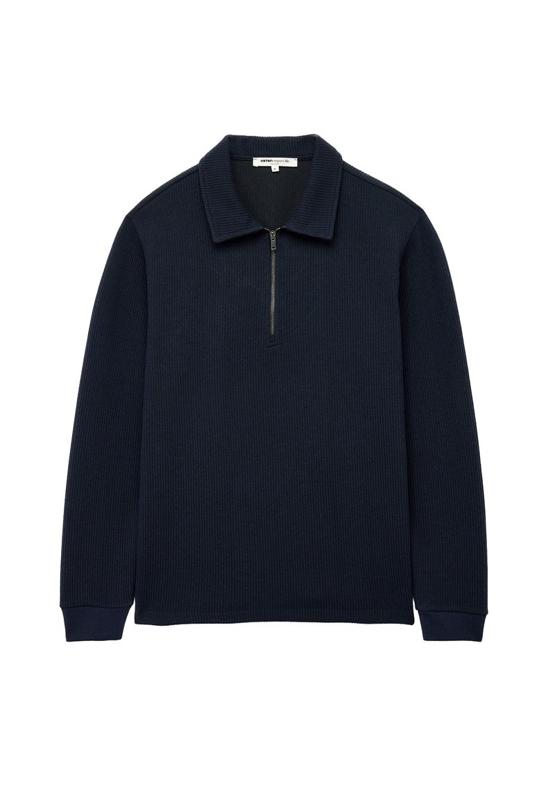 Marineblauwe pullover van een gestructureerde ribstof, met een ritssluiting op de kraag en lange mouwen. Eenvoudig, strak ontwerp zonder patronen.