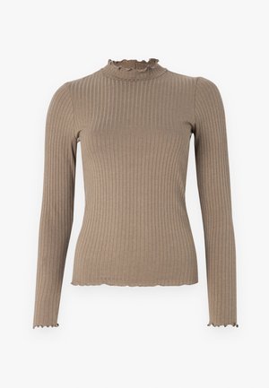 Langarm, ribbeltop in een aardse bruine kleur. Heeft een hoge halslijn met een gerimpelde rand en geschulpte manchetten. Zachte textuur.