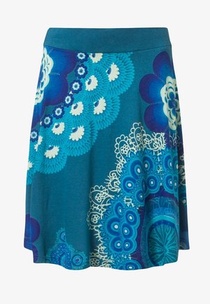 Blue floral-patterned skirt with a fitted waistband, made of soft fabric, featuring large circular designs and intricate detailing in lighter blue.
