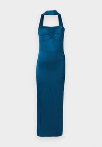 Tirkizna halter haljina s naboranim korzetom i uskim, dugim krojem. Izrađena od glatkog, rastezljivog materijala s elegantnim izgledom.
