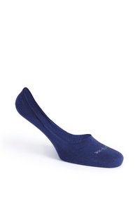 Calzini corti blu navy realizzati in un tessuto morbido con una superficie liscia e un design a taglio basso, caratterizzati da cuciture minime e una parte superiore semplice.