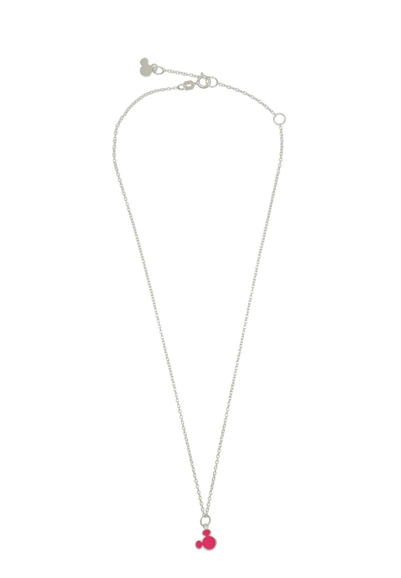 Collana in argento con charm in smalto rosa a forma di tre cerchi interconnessi, creando un design giocoso e moderno.