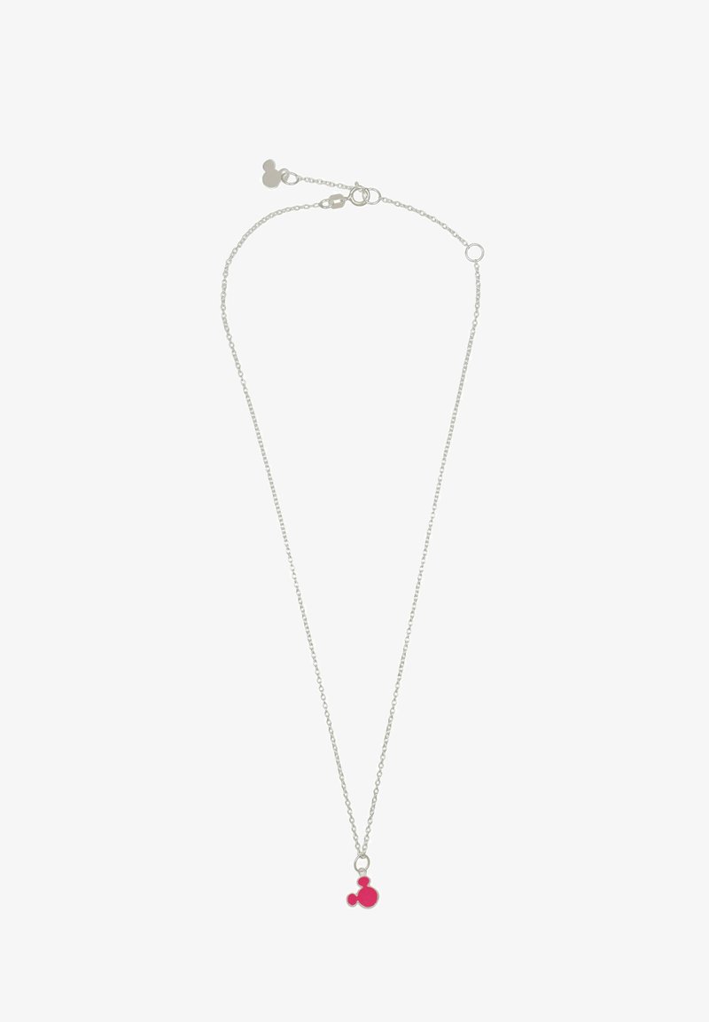 Collana in argento con charm in smalto rosa a forma di tre cerchi interconnessi, creando un design giocoso e moderno.