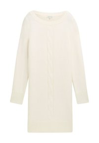 Strickkleid in Creme mit einem Zopfdesign in der Mitte, weitem Ausschnitt sowie gerippten Bündchen und Saum für Textur und Detail.