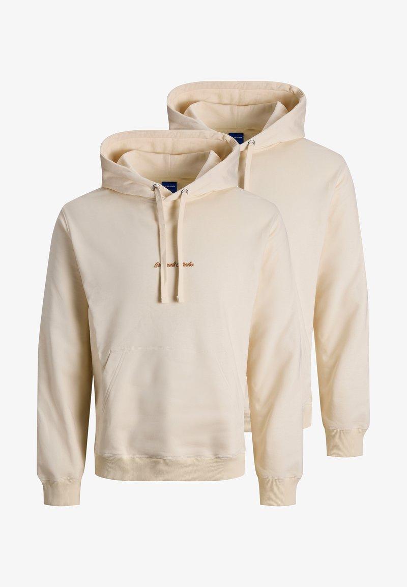 Beige hooded sweatshirts with a front pocket, ribbed cuffs, and hem; features embroidered text in brown on the chest. Two pieces displayed.