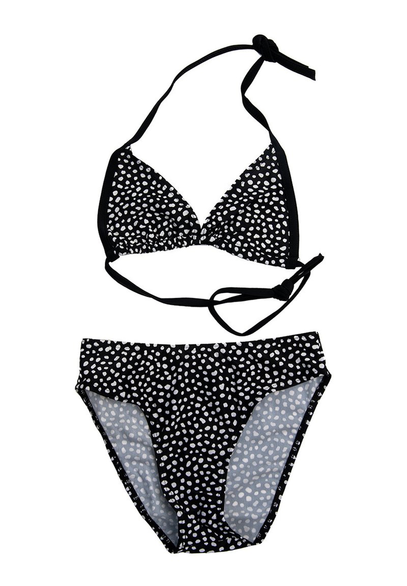 Czarny zestaw bikini z trójkątnym stanikiem w białe kropeczki oraz regulowanymi troczkami, w zestawie z dopasowanymi majtkami o niskim stanie.