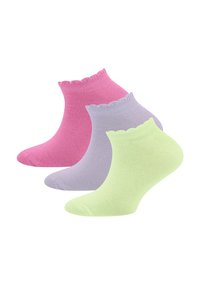 Drei Paar Knöchelsocken in Pink, Lavendel und Hellgr ün, mit einem gewellten oberen Rand und einer glatten Textur.