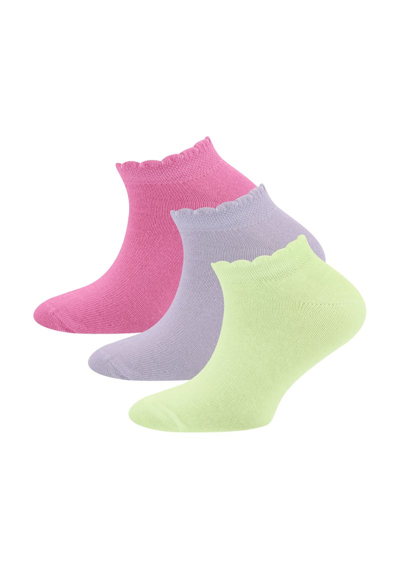 Drei Paar Knöchelsocken in Pink, Lavendel und Hellgrün, mit einem gewellten oberen Rand und einer glatten Textur.