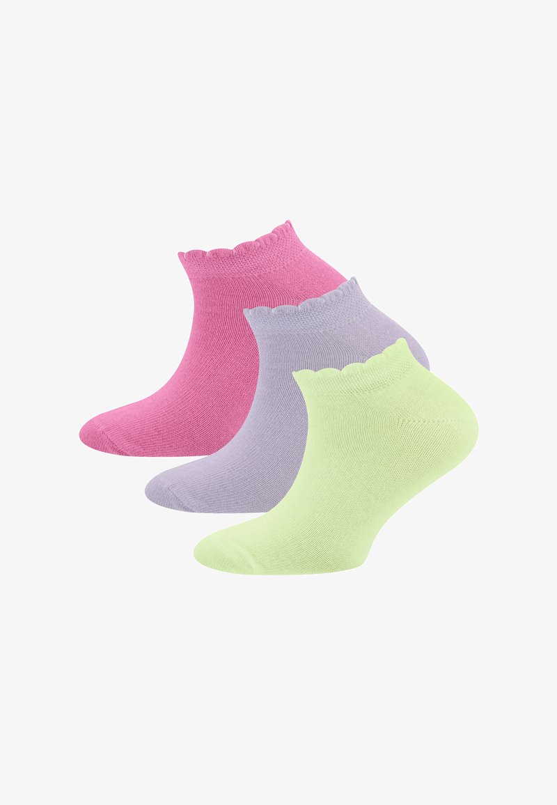 Drei Paar Knöchelsocken in Pink, Lavendel und Hellgrün, mit einem gewellten oberen Rand und einer glatten Textur.