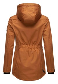 Orange waterproof jacket with a hood, elastic waist, and black cuffs. Features a smooth texture and a branded tag on the side.