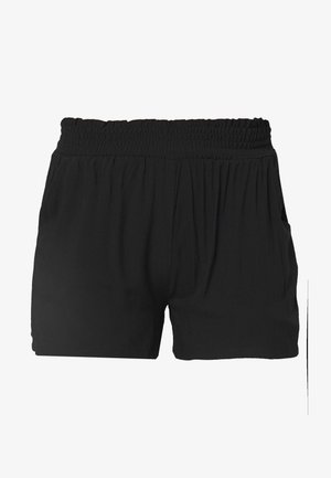Shorts en tissu noir avec une taille smockée, dotés de poches latérales et d'une coupe décontractée. Texture lisse sans motifs ni accents supplémentaires.
